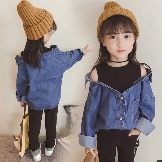 2018春服新品韓国子供服　女の子　デニム　シャツM