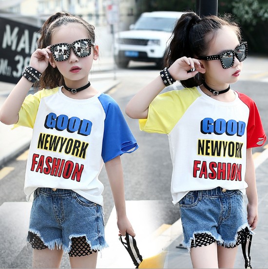  2018夏服新品韓国子供服　女の子　Newyork柄　半袖Tシャツ　110～160サイズ 