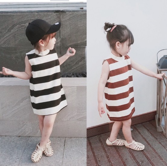 2018夏服新作韓国子供服　女の子　ボーダー　ワンピースM