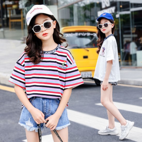 2019夏服新作韓国子供服　女の子　ボーダー　かわいいＴシャツ