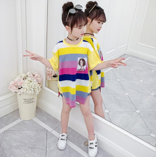 2019夏服新作韓国子供服　女の子　ボーダー　ロングＴシャツ