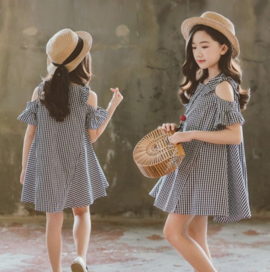2019夏服新作韓国子供服　女の子　チェック柄　ワンピース