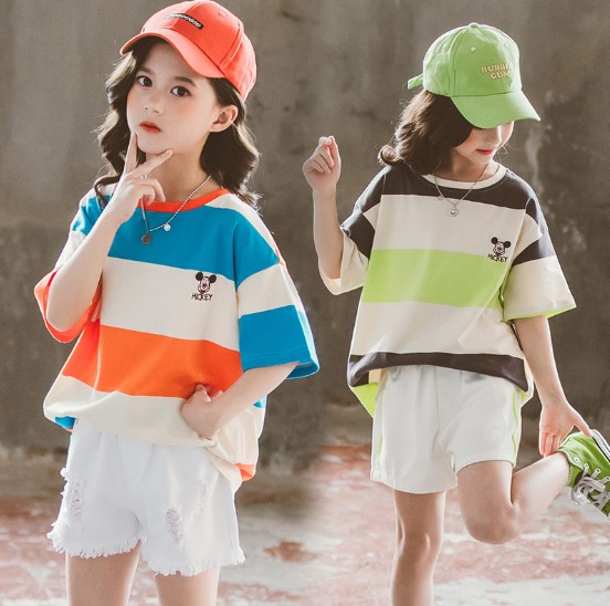2020夏服新作韓国子供服　女の子　ミキー柄　ボーダー　半袖ｔシャツ