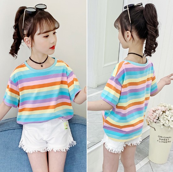  2020夏服新作韓国子供服　女の子　ボーダー　半袖ｔシャツ