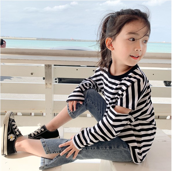 2020秋服新作韓国子供服　女の子  ボーダー　長袖ｔシャツ