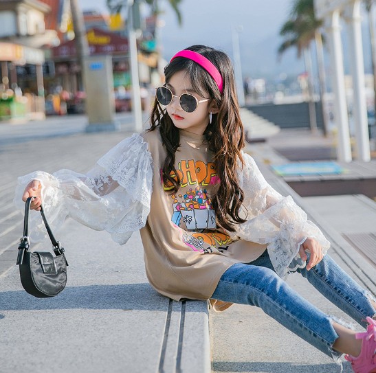 2021春服新作韓国子供服　女の子　レース袖　長袖Ｔシャツ