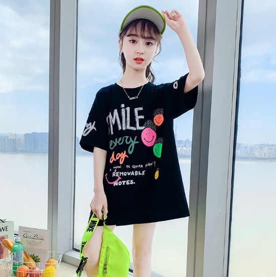 2021夏服新作韓国子供服　女の子  Smile柄　ロングＴシャツ