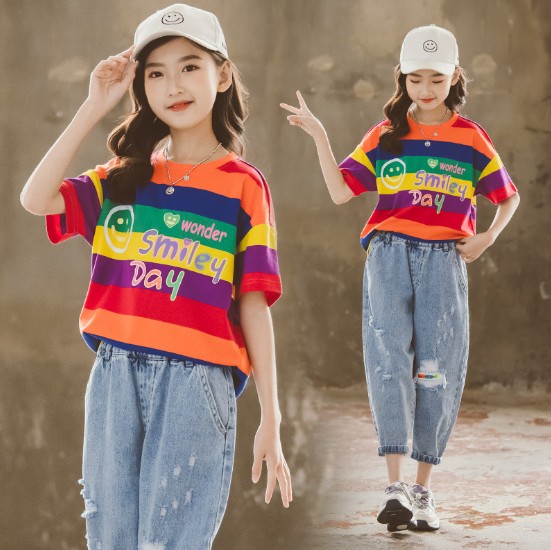 2021夏服新作韓国子供服　女の子　ボーダー　半袖ｔシャツ