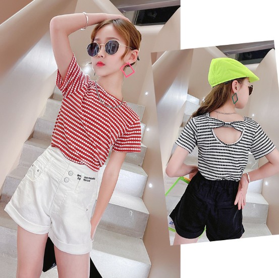 2021夏服新作韓国子供服　女の子  リボン付き　ボーダー半袖Ｔシャツ