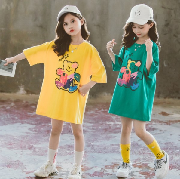 2022夏服新作韓国子供服　女の子　くまちゃん柄　ロングｔシャツ