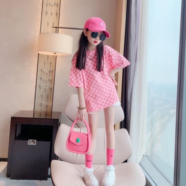 2022夏服新作韓国子供服　女の子　チェック柄　半袖Ｔシャツ