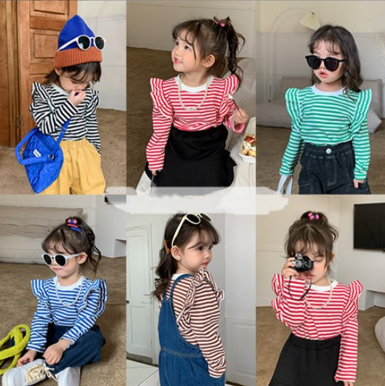 2022秋服新作韓国子供服　女の子　ボーダー　長袖Ｔシャツ
