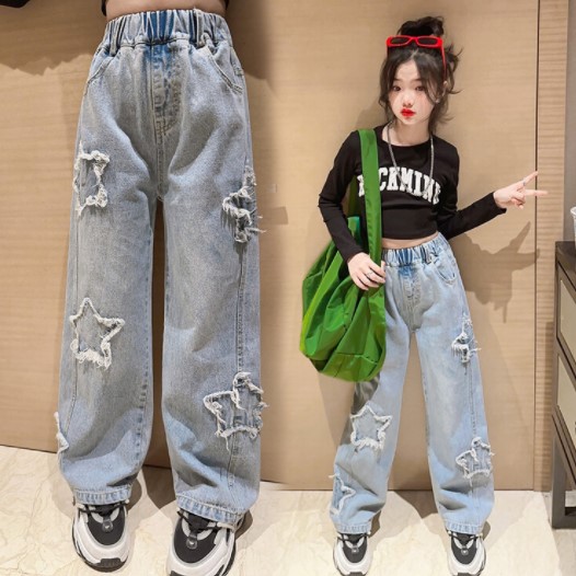 2023春服新作韓国子供服　女の子　星柄　デニムパンツ