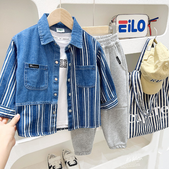 2024春服新作韓国子供服　ボーダー　デニムコート