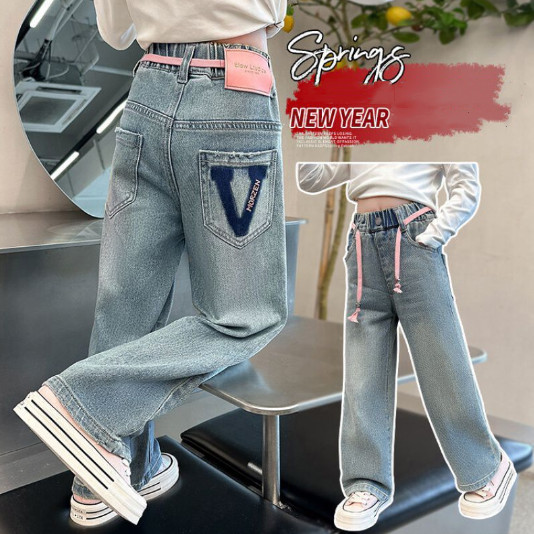 2024春服新作韓国子供服　女の子　V柄　デニムパンツ