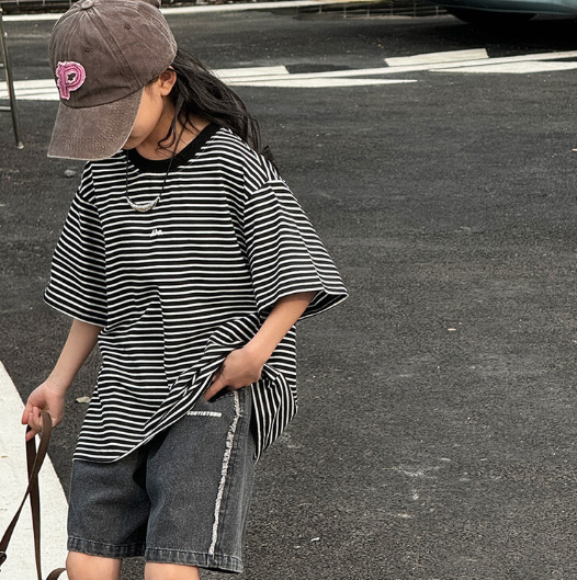2024夏服新作韓国子供服　女の子　ボーダー　半袖ｔシャツ