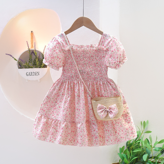 2024夏服新作韓国子供服　花柄　ワンピース　バッグ付き