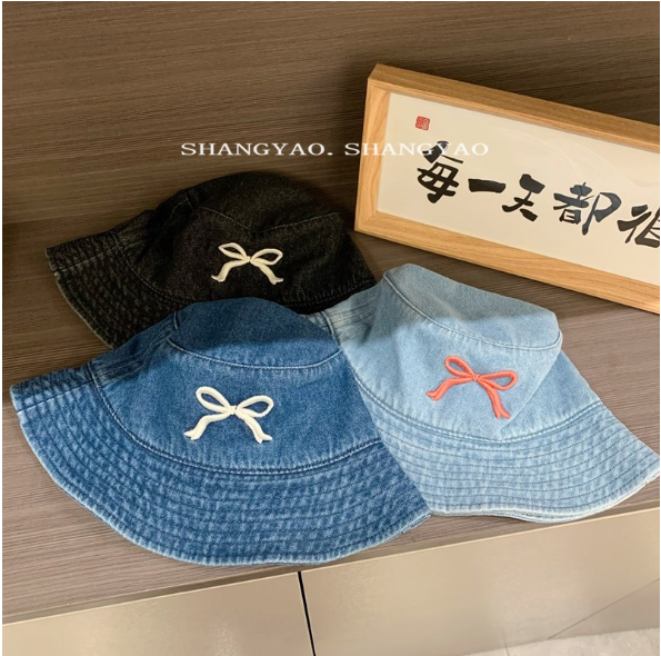 2025夏新作韓国子供帽子　リボン柄　刺繍バケットハット