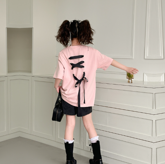 2025夏服新作韓国子供服　リボン付き　ロングｔシャツ