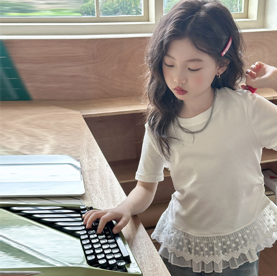 2025夏服新作韓国子供服　レース　トップス