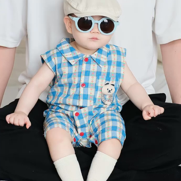 2025夏服新作ベビー服　チェック柄　ロンパース 