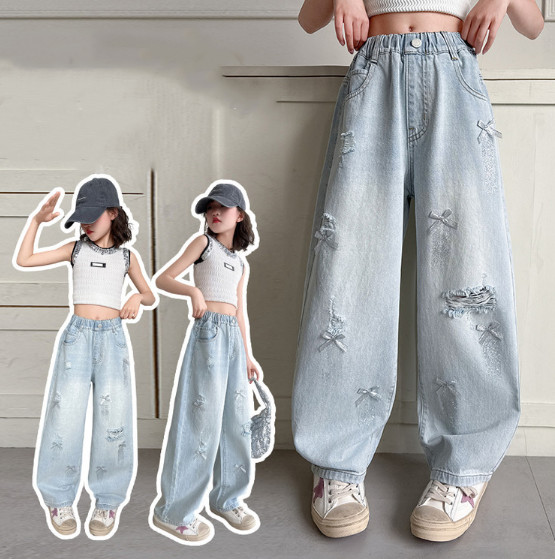2025夏服新作韓国子供服　女の子　リボン柄　デニムパンツ