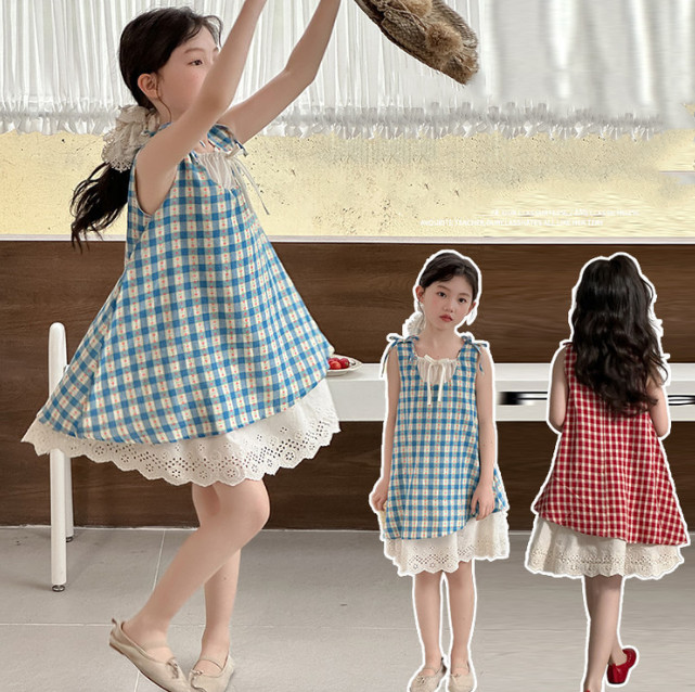 2025夏服新作韓国子供服　女の子　チェック柄ワンピース