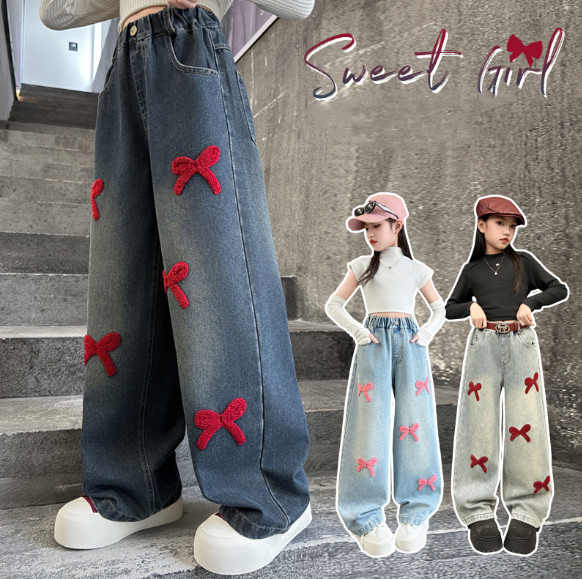 2025秋服新作韓国子供服　刺繍リボン　デニムパンツ