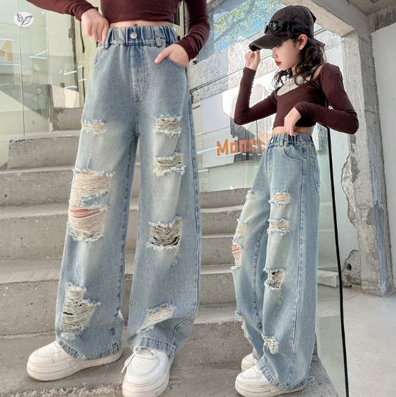2025秋服新作韓国子供服  ダメージデニムパンツ