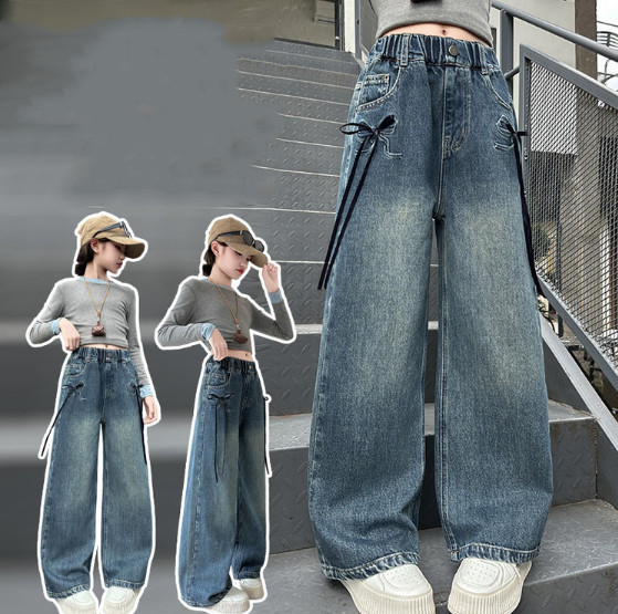 2025秋服新作韓国子供服　リボン付き　デニムパンツ