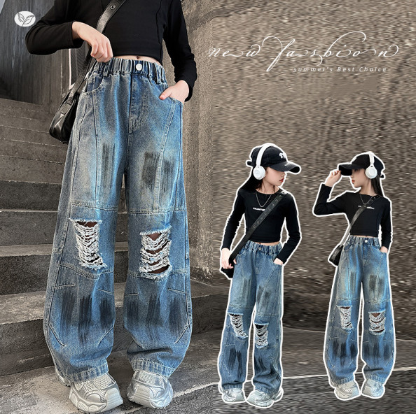 2025秋服新作韓国子供服  ダメージデニムパンツ