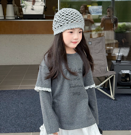 2025秋服新作韓国子供服　レース　偽二重袖ｔシャツ