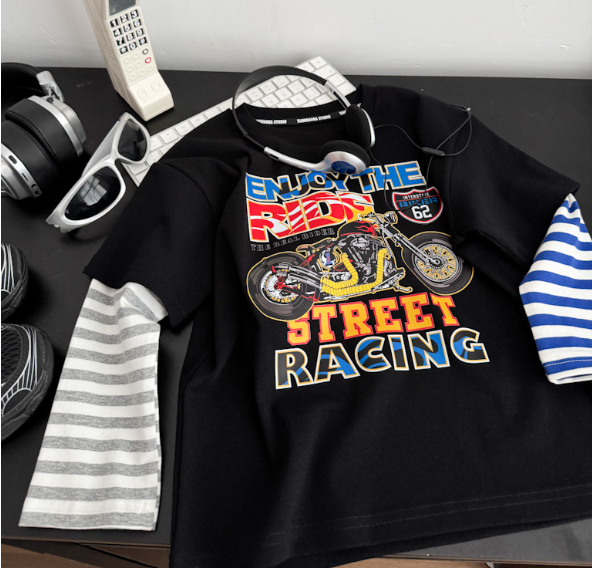 2025秋服新作韓国子供服　偽二重袖　長袖ｔシャツ