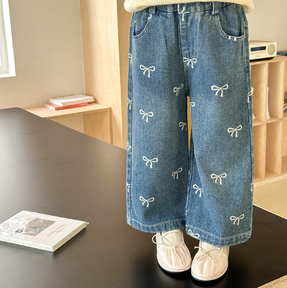 2025秋服新作韓国子供服　リボン柄　デニムパンツ