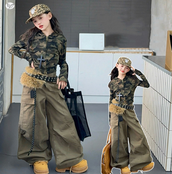 2025秋服新作韓国子供服　迷彩柄　トップス
