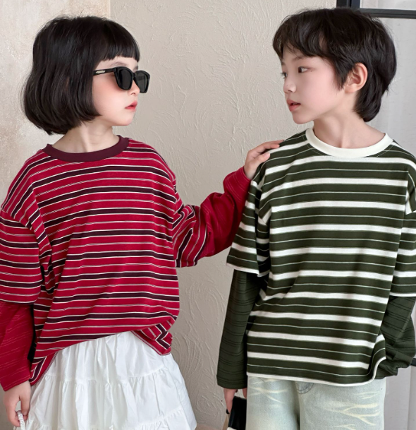 2025秋服新作韓国子供服　重ね着　ボーダー　トップス