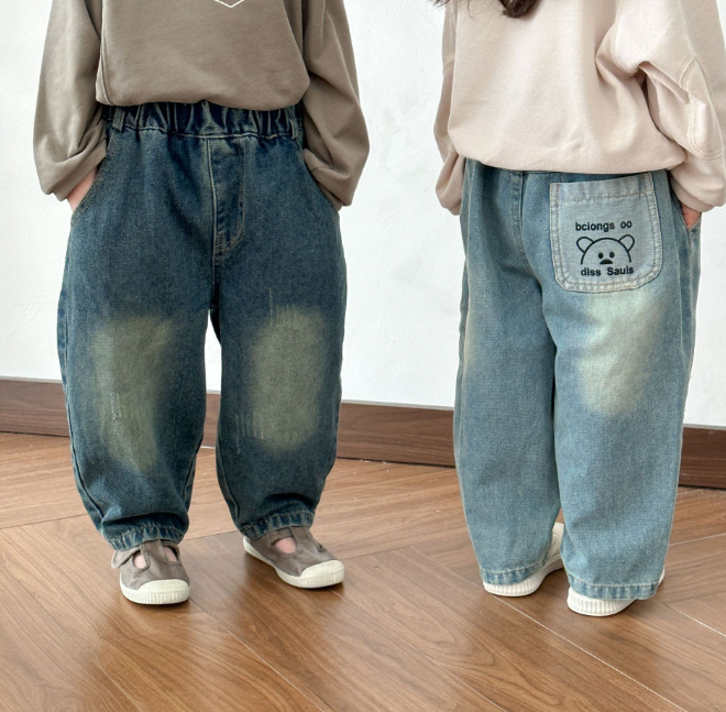 2026春服新作韓国子供服　くまちゃん柄　デニムパンツ